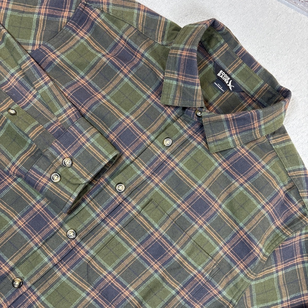 Eddie Bauer Flannel Shirt Long Sleeve Men‎ Large Green Plaid Cotton Blend